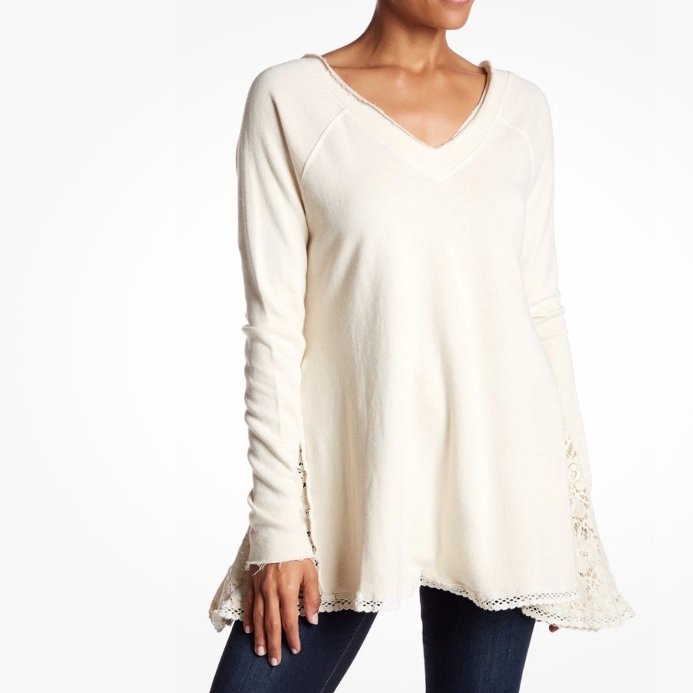 NWT Free People Ivory Lace No Frills Detail Asymmetrical Sweater Size XS